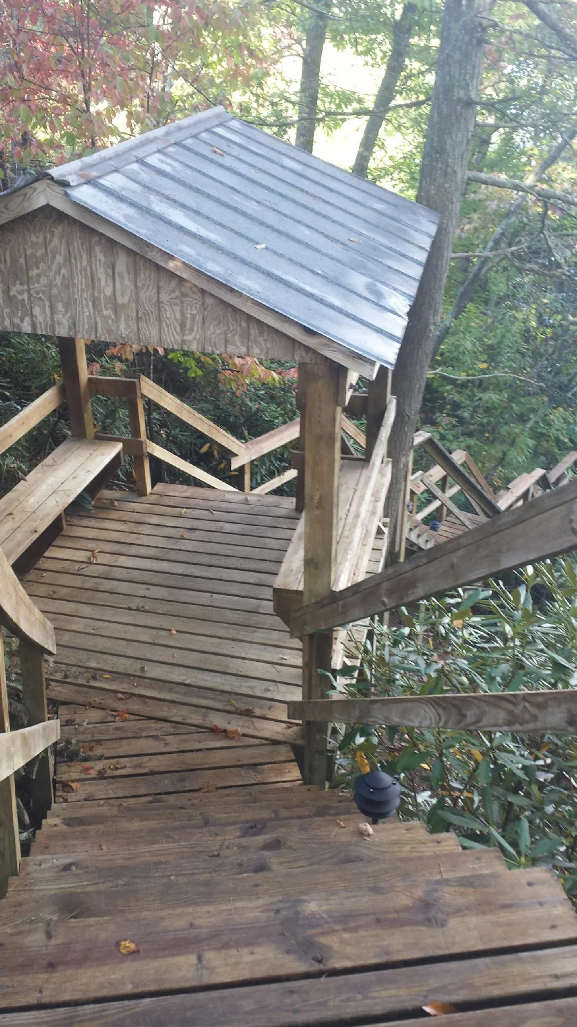 Metal roofed shelter over wooden steps on a wooded walkway — Skylight Repair & Installation work by our crew in Marion